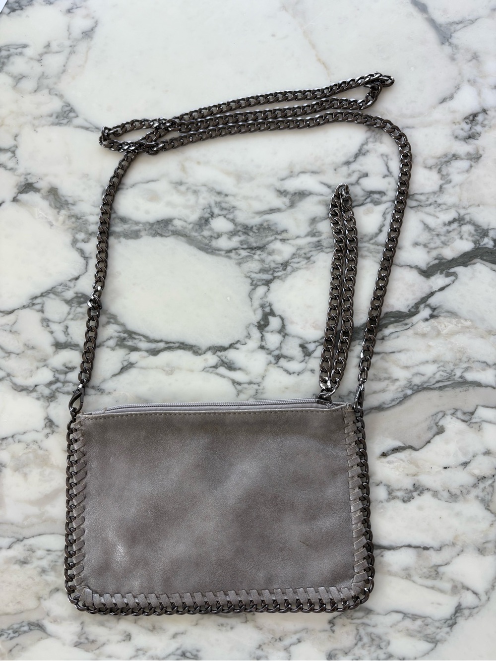 Grey metallic leather clutch w/gun metal chain straps